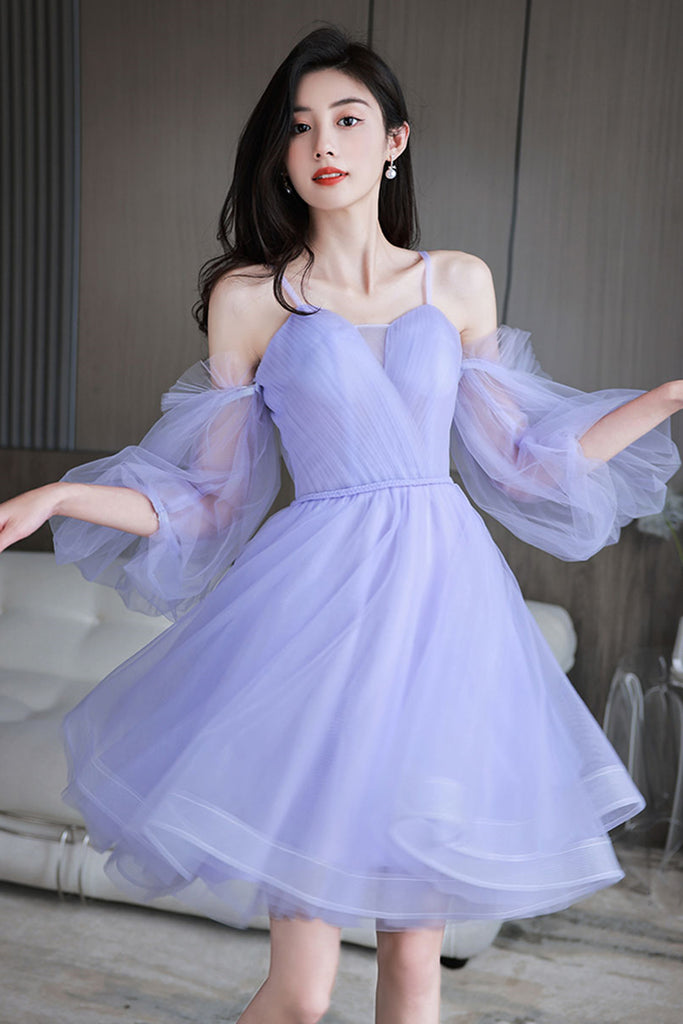 Purple Tulle Princess Long Sleeves Short Prom Dresses, Purple Homecomi Lwt Dress Purple Tulle Princess Long Sleeves Short Prom Dresses, Purple Homecomi Lwt Dress
