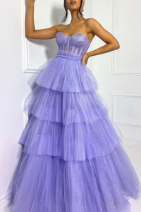 Purple Tulle Strapless Sweetheart Neck Layered Long Prom Dresses, Purple Formal Evening Dresses WT1122