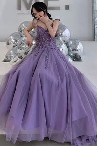 Purple Tulle V Neck Open Back Beaded Long Prom Dresses, Purple Tulle Formal Dresses, Beaded Purple Evening Dresses WT1195