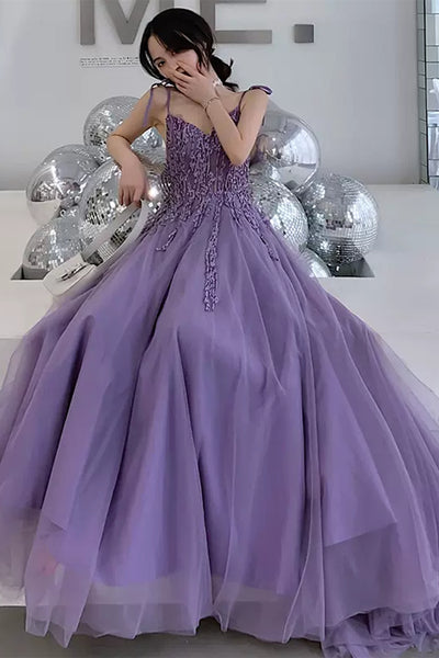 Purple Tulle V Neck Open Back Beaded Long Prom Dresses, Purple Tulle Formal Dresses, Beaded Purple Evening Dresses WT1195