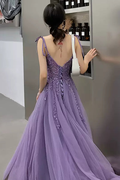 Purple Tulle V Neck Open Back Beaded Long Prom Dresses, Purple Tulle Formal Dresses, Beaded Purple Evening Dresses WT1195