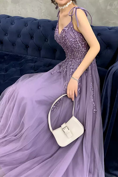 Purple Tulle V Neck Open Back Beaded Long Prom Dresses, Purple Tulle Formal Dresses, Beaded Purple Evening Dresses WT1195