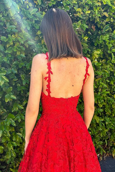 Red Lace A Line V Neck Open Back Long Prom Dresses, Red Lace Formal Graduation Evening Dresses WT1209