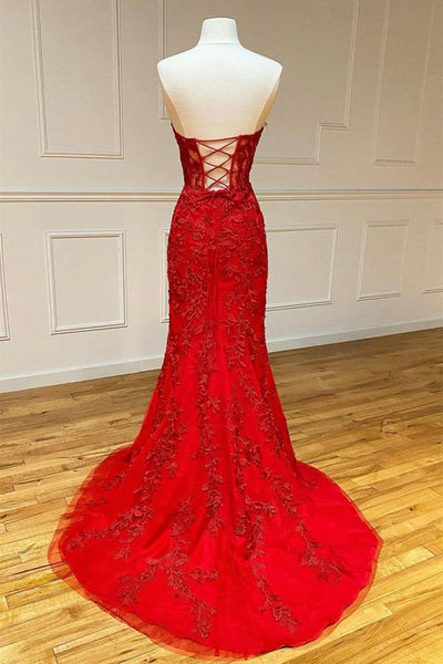 Red Lace Strapless Mermaid Long Prom Dresses, Mermaid Red Formal Dresses, Red Lace Evening Dresses WT1063