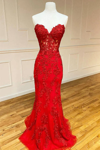 Red Lace Strapless Mermaid Long Prom Dresses, Mermaid Red Formal Dresses, Red Lace Evening Dresses WT1063