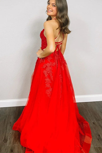Red Lace V Neck Tulle Long Prom Dresses with High Slit, Red Lace Floral Formal Dresses, Red Evening Dresses WT1142