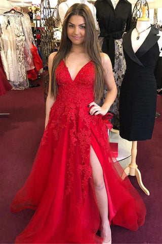 Red Lace V Neck Tulle Long Prom Dresses with High Slit, Red Lace Floral Formal Dresses, Red Evening Dresses WT1142