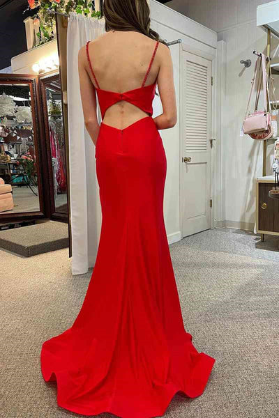 Red Satin Open Back Mermaid Long Prom Dresses with High Slit, Mermaid Red Formal Graduation Evening Dresses WT1172