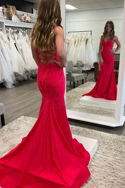 Red Satin V Neck Mermaid Backless Long Prom Dresses, Mermaid Red Formal Dresses, Backless Red Evening Dresses WT1093