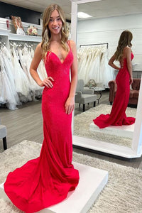 Red Satin V Neck Mermaid Backless Long Prom Dresses, Mermaid Red Formal Dresses, Backless Red Evening Dresses WT1093