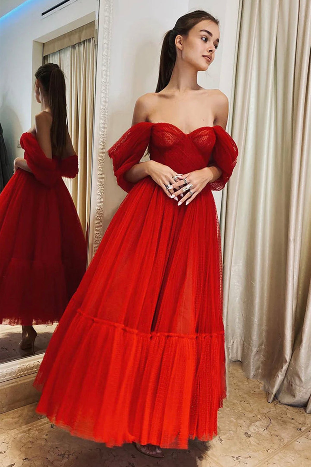 Red Tulle Off Shoulder Tea Length Prom Dresses, Red Homecoming Dresses, Off the Shoulder Formal Evening Dresses WT1038