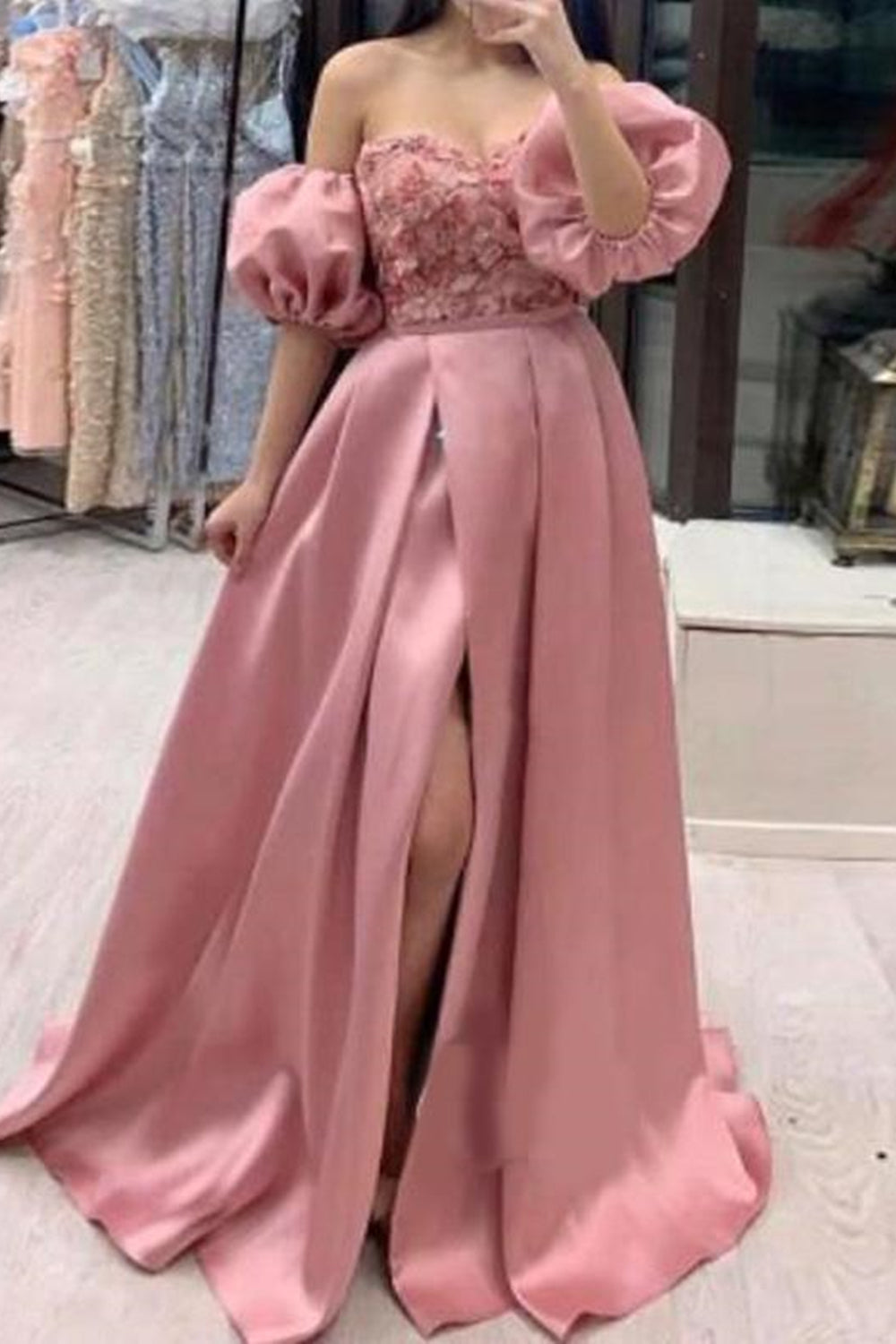 Removable Sleeves Pink Lace Long Prom Dresses with High Slit, Pink Lace Formal Evening Dresses, Pink Ball Gown