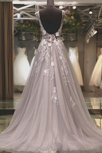 Round Neck Backless Gray Tulle Long Prom Dresses with Appliques, Backless Gray Lace Formal Evening Dresses