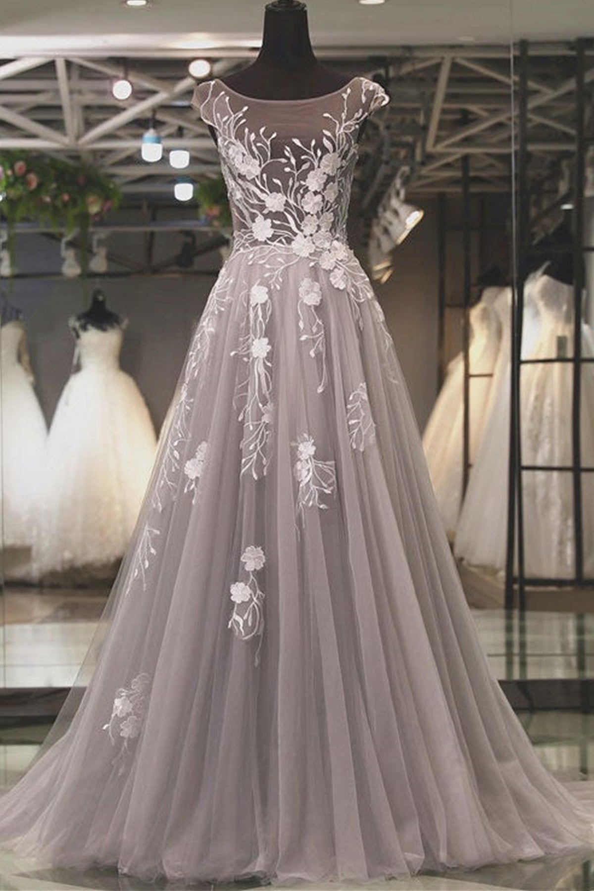 Round Neck Backless Gray Tulle Long Prom Dresses with Appliques, Backless Gray Lace Formal Evening Dresses