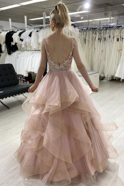 Round Neck Backless Pink Lace Long Prom Dresses, Puffy Pink Lace Formal Dresses, Pink Evening Dresses