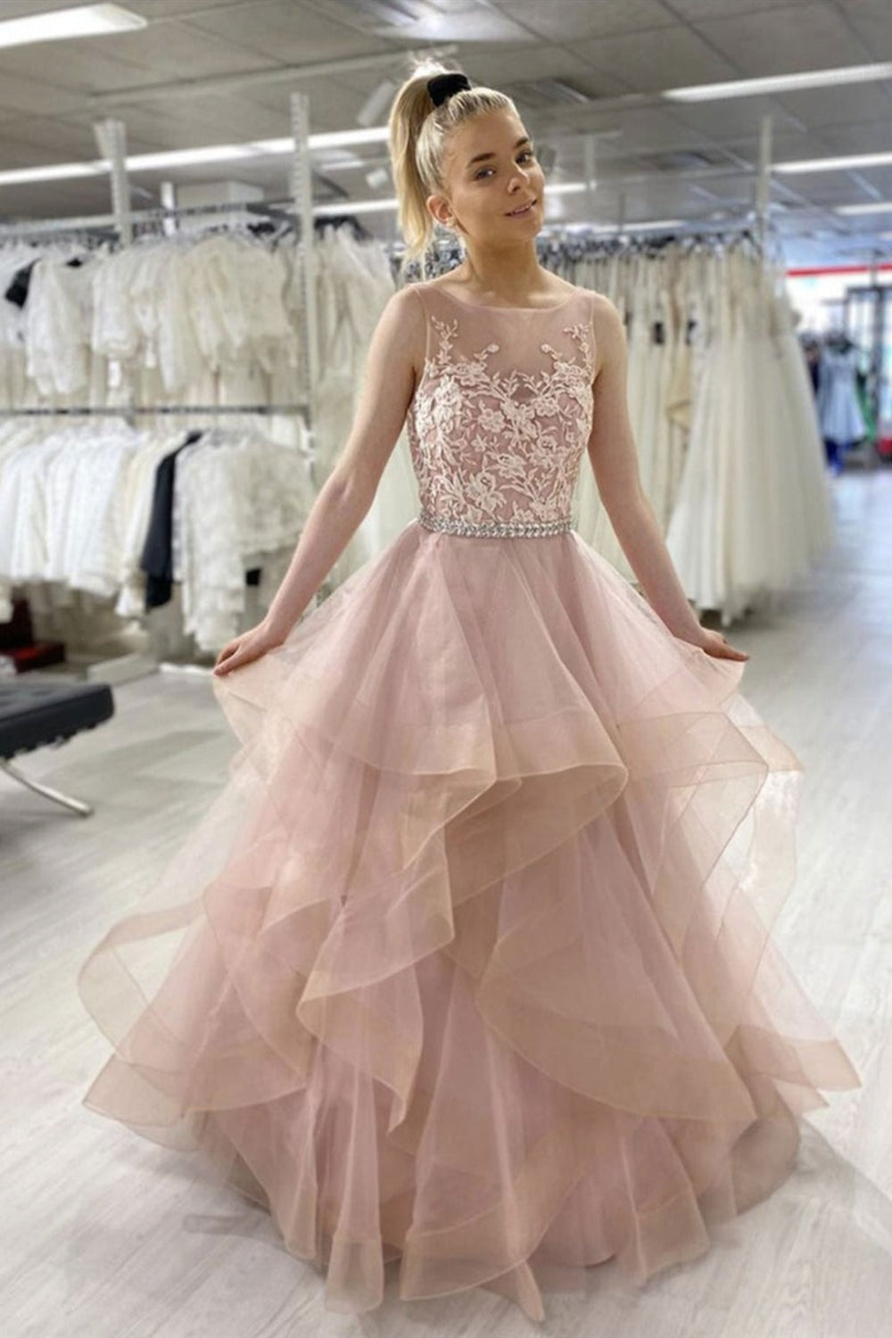 Round Neck Backless Pink Lace Long Prom Dresses, Puffy Pink Lace Forma – Lwt Dress Round Neck Backless Pink Lace Long Prom Dresses, Puffy Pink Lace Forma – Lwt Dress