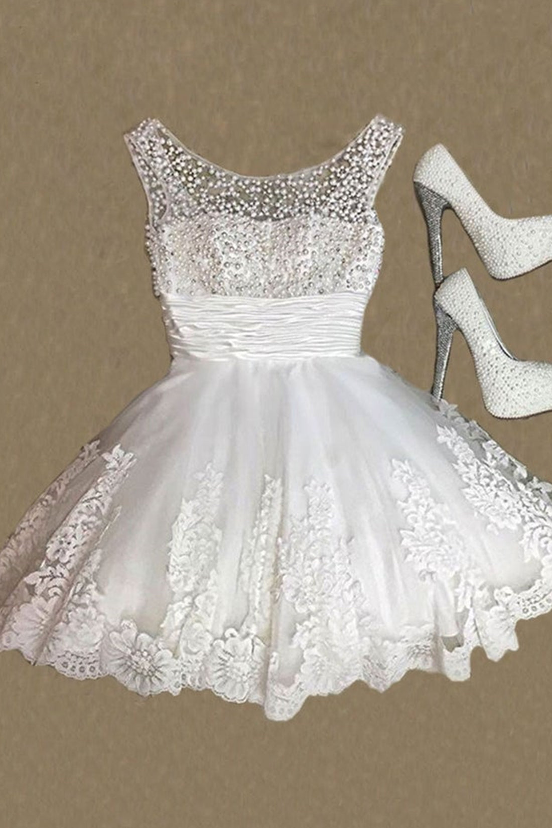 Round Neck Beaded White Lace Short Prom Homecoming Dresses, White Lace Formal Dresses with Pearls, White Evening Dresses
