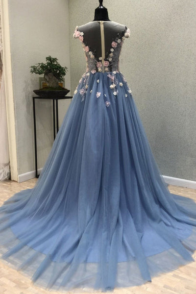 Round Neck Blue Tulle Long Prom Dresses with 3D Flowers, Blue Tulle Floral Long formal Evening Dresses