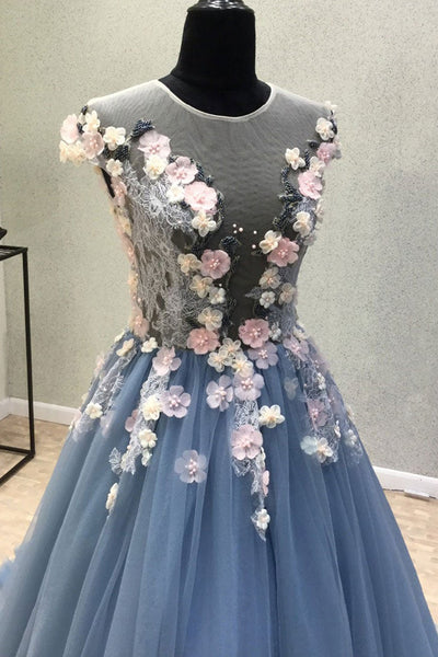 Round Neck Blue Tulle Long Prom Dresses with 3D Flowers, Blue Tulle Floral Long formal Evening Dresses