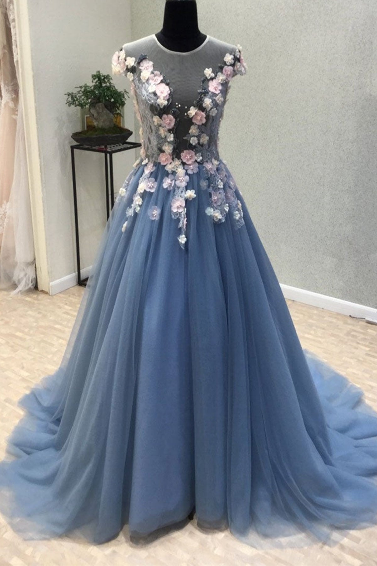 Round Neck Blue Tulle Long Prom Dresses with 3D Flowers, Blue Tulle Floral Long formal Evening Dresses