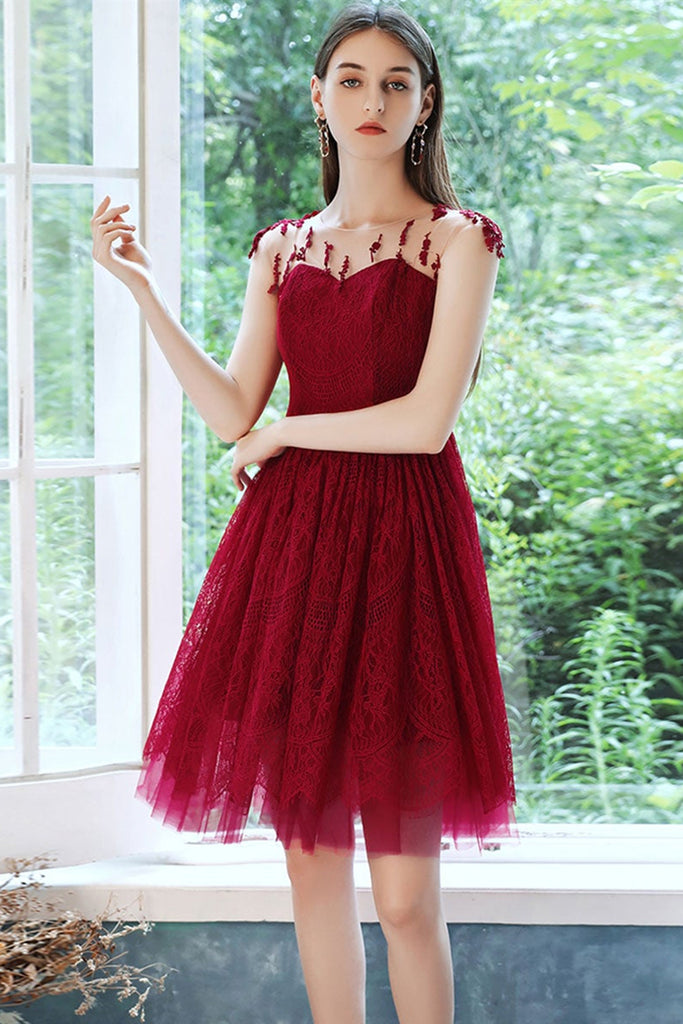 Round Neck Burgundy Lace Short Prom Dresses, Burgundy Lace Homecoming Lwt Dress Round Neck Burgundy Lace Short Prom Dresses, Burgundy Lace Homecoming Lwt Dress