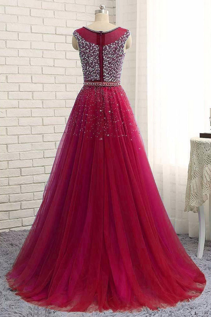 Round Neck Burgundy Tulle Beaded Long Prom Dresses, Burgundy Beaded Fo Lwt Dress Round Neck Burgundy Tulle Beaded Long Prom Dresses, Burgundy Beaded Fo Lwt Dress