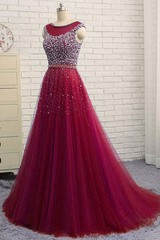 Round Neck Burgundy Tulle Beaded Long Prom Dresses, Burgundy Beaded Formal Dresses, Long Maroon Evening Dresses