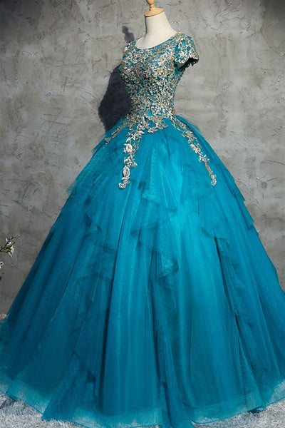 Round Neck Cap Sleeves Blue Tulle Lace Long Prom Dresses, Blue Long Formal Evening Dresses with Appliques, Blue Ball Gown