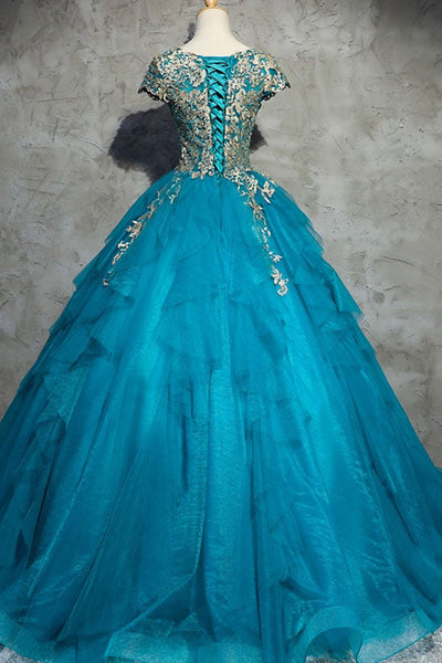 Round Neck Cap Sleeves Blue Tulle Lace Long Prom Dresses, Blue Long Formal Evening Dresses with Appliques, Blue Ball Gown