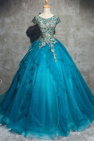 Round Neck Cap Sleeves Blue Tulle Lace Long Prom Dresses, Blue Long Formal Evening Dresses with Appliques, Blue Ball Gown