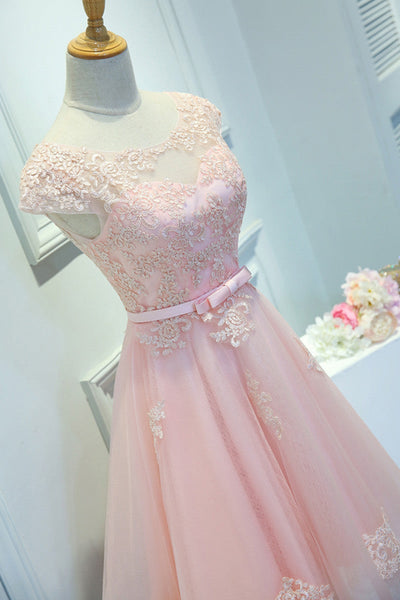 Round Neck Cap Sleeves Pink Lace Short Prom Dresses, Pink Lace Homecoming Dresses, Short Pink Formal Evening Dresses