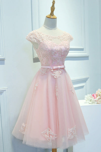 Round Neck Cap Sleeves Pink Lace Short Prom Dresses, Pink Lace Homecoming Dresses, Short Pink Formal Evening Dresses