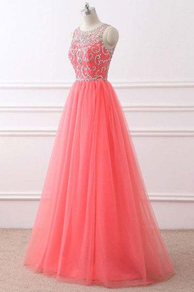 Round Neck Coral Tulle Beaded Long Prom Dresses, Beaded Coral Formal Evening Dresses
