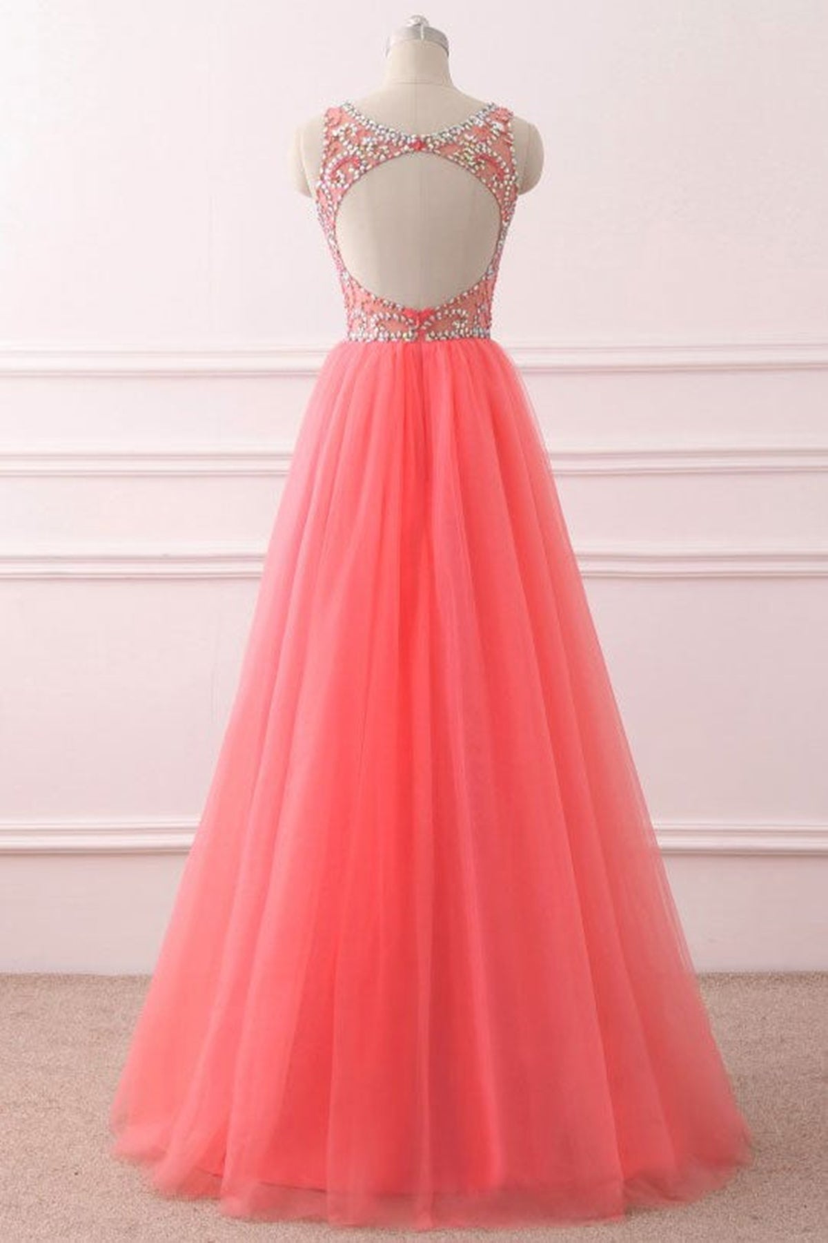 Round Neck Coral Tulle Beaded Long Prom Dresses, Beaded Coral Formal E