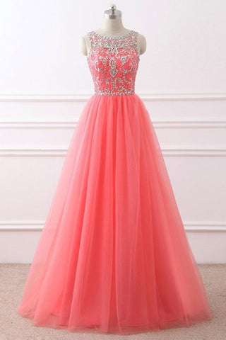 Round Neck Coral Tulle Beaded Long Prom Dresses, Beaded Coral Formal Evening Dresses