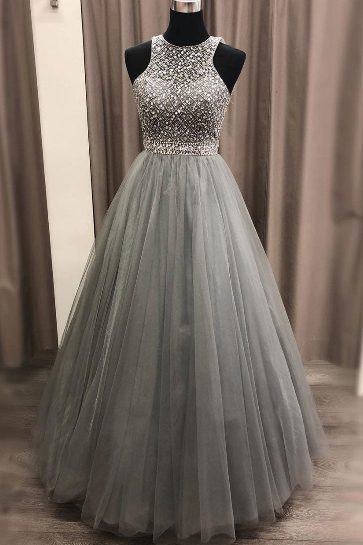 Round Neck Gray Tulle Beaded Long Prom Dresses, Shiny Sequins Gray Formal Dresses, Gray Evening Dresses with Beading