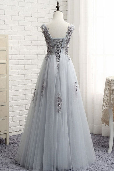 Round Neck Gray Tulle Lace Long Prom Dresses, Gray Formal Dresses with Appliques, Gray Lace Evening Dresses