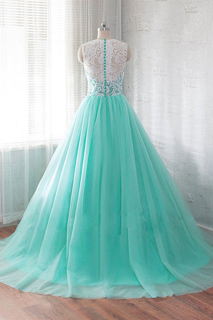 Round Neck Green Tulle Long Prom Dresses with White Lace, Green Lace F Lwt Dress Round Neck Green Tulle Long Prom Dresses with White Lace, Green Lace F Lwt Dress