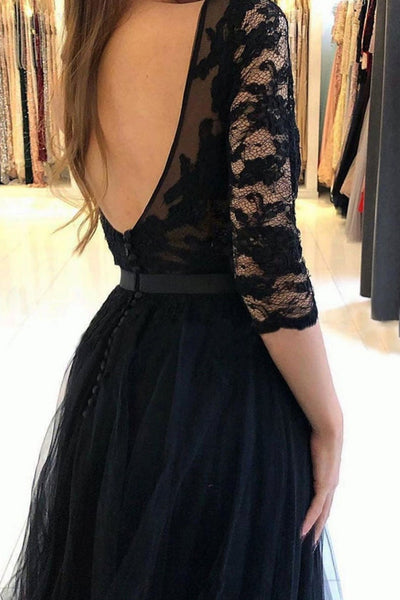 Round Neck Half Sleeves Black Lace Long Prom Dresses with High Slit, Half Sleeves Black Formal Dresses, Black Lace Evening Dresses