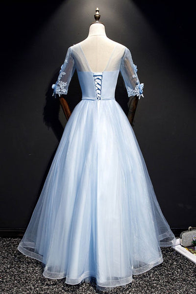 Round Neck Half Sleeves Light Blue Lace Floral long Prom Dresses, Light Blue Lace Formal Evening Dresses with 3D Flowers