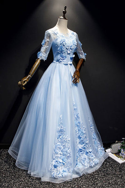 Round Neck Half Sleeves Light Blue Lace Floral long Prom Dresses, Light Blue Lace Formal Evening Dresses with 3D Flowers