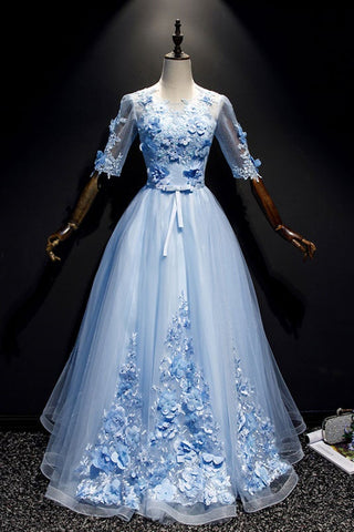 Round Neck Half Sleeves Light Blue Lace Floral long Prom Dresses, Light Blue Lace Formal Evening Dresses with 3D Flowers