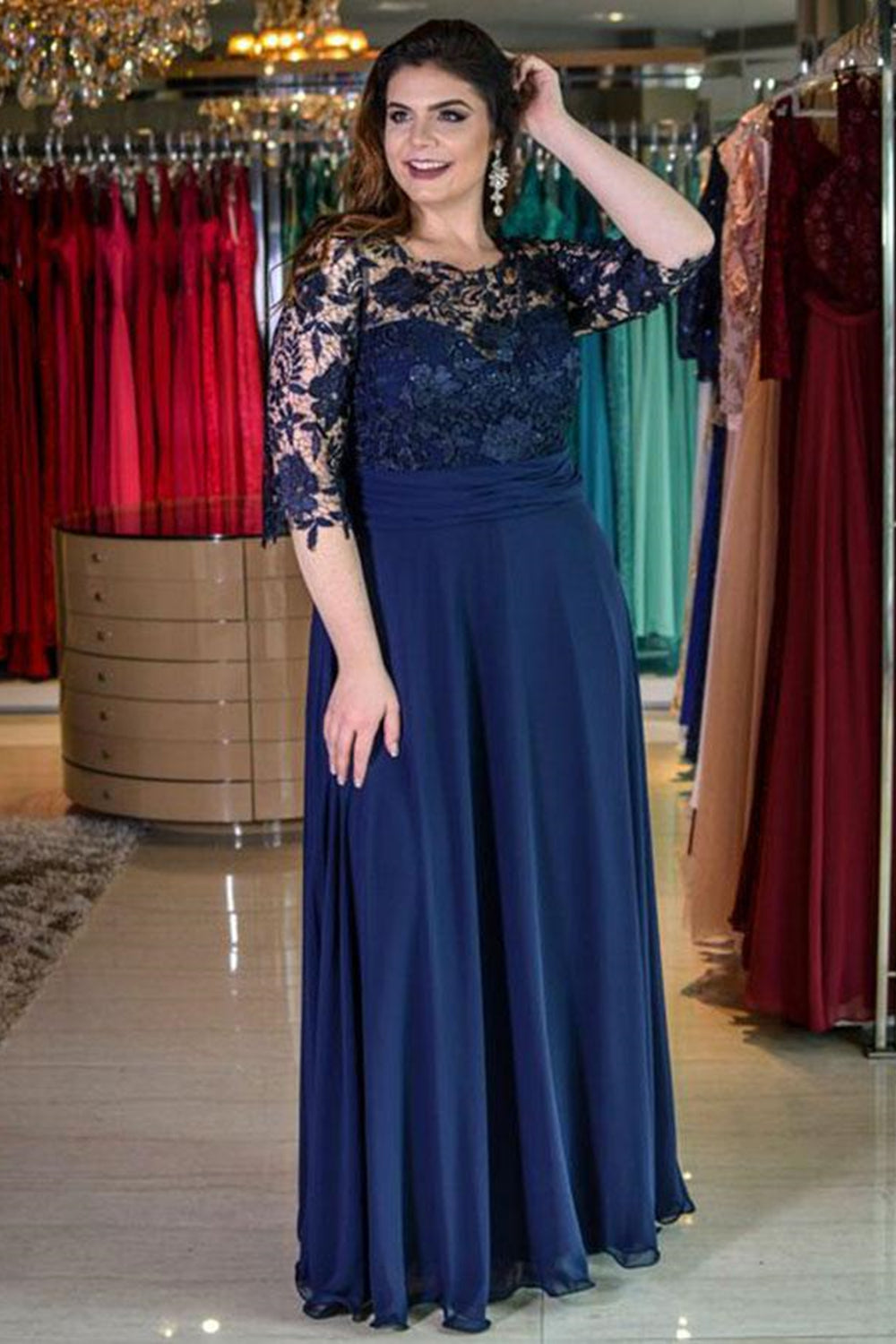 Round Neck Half Sleeves Navy Blue Lace Long Prom Dresses, Half Sleeves Navy Blue Formal Graduation Evening Dresses
