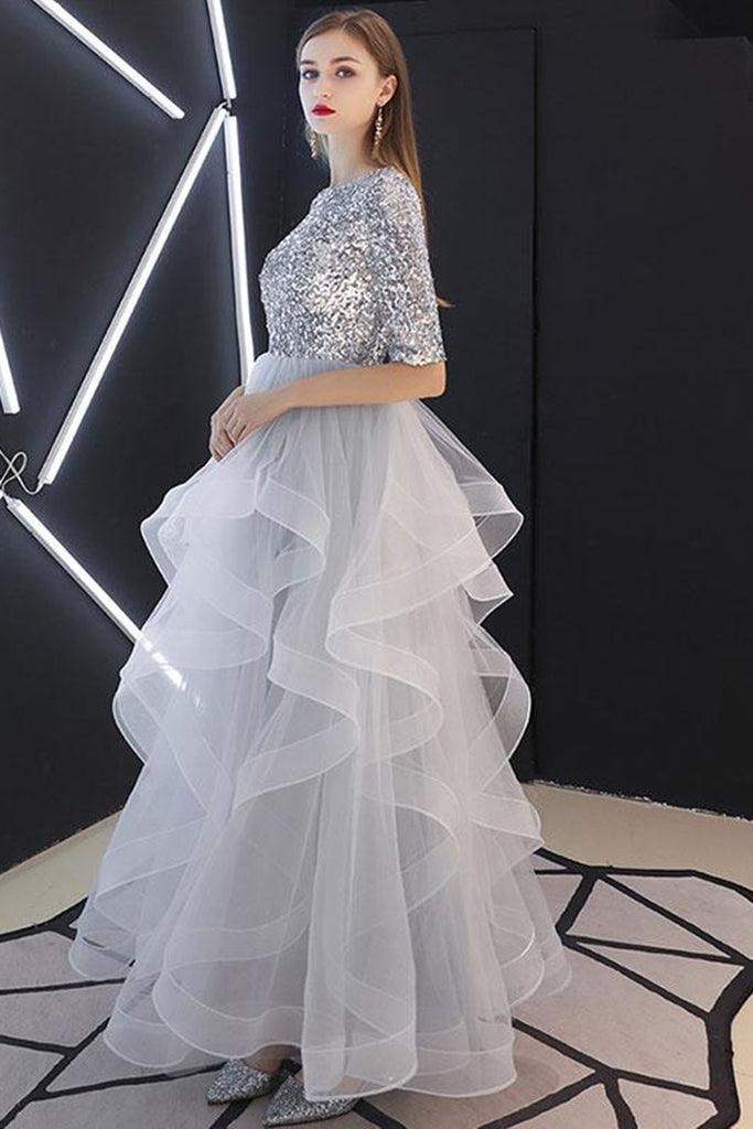 Semi Formal Dress Gray Dressy Dresses Round Neck Half Sleeves Silver Gray Long Prom Dresses, Silver Gray Semi Formal Dress Gray Dressy Dresses Round Neck Half Sleeves Silver Gray Long Prom Dresses, Silver Gray