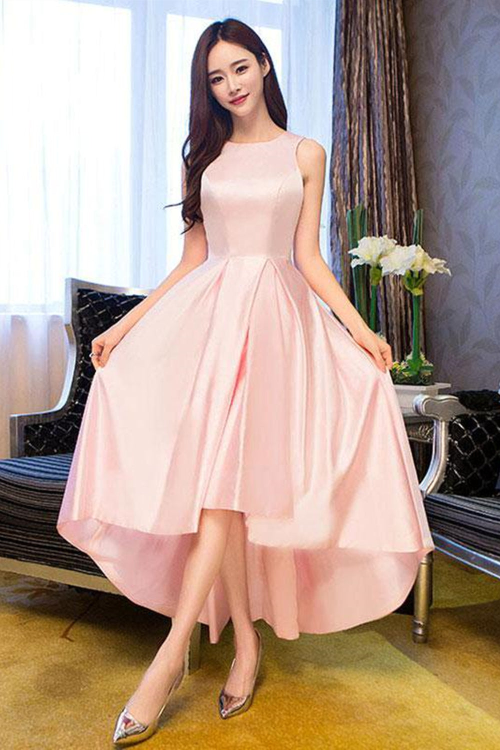 Round Neck High Low Pink Satin Prom Dresses, High Low Pink Formal Graduation Evening Dresses