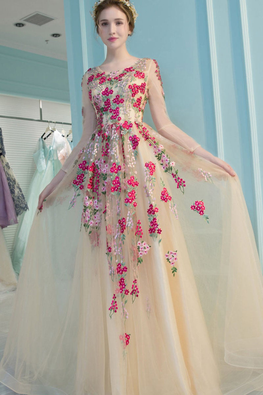 Round Neck Long Sleeve Champagne Tulle Floral Long Prom Dresses, Long Lwt Dress Round Neck Long Sleeve Champagne Tulle Floral Long Prom Dresses, Long Lwt Dress