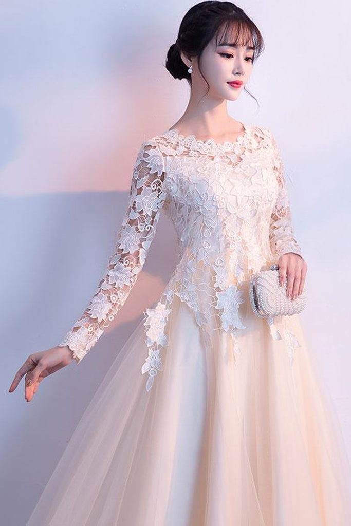 Round Neck Long Sleeves Champagne Lace Long Prom Dresses, Champagne La Lwt Dress Round Neck Long Sleeves Champagne Lace Long Prom Dresses, Champagne La Lwt Dress