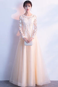 Round Neck Long Sleeves Champagne Lace Long Prom Dresses, Champagne La Lwt Dress Round Neck Long Sleeves Champagne Lace Long Prom Dresses, Champagne La Lwt Dress