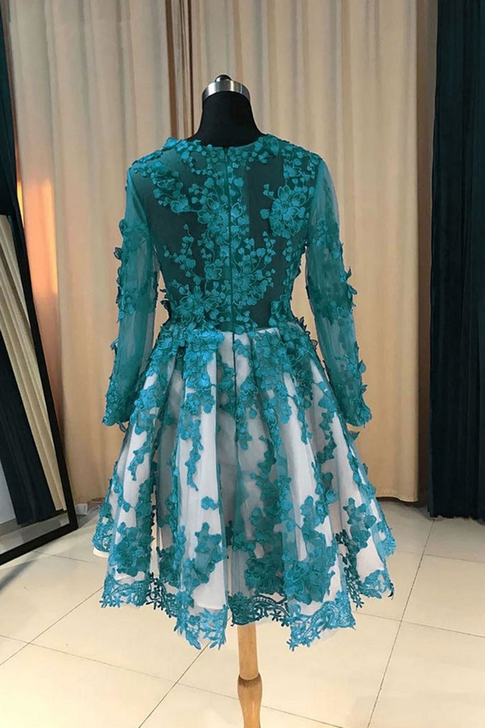 Round Neck Long Sleeves Green Lace Short Prom Homecoming Dresses, Long Lwt Dress Round Neck Long Sleeves Green Lace Short Prom Homecoming Dresses, Long Lwt Dress