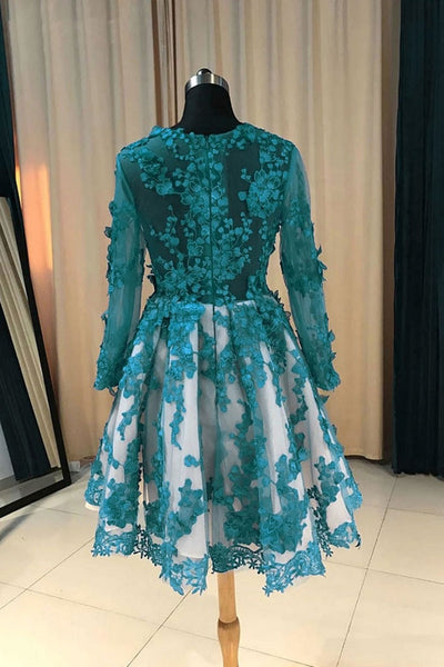 Round Neck Long Sleeves Green Lace Short Prom Homecoming Dresses, Long Sleeve Green Formal Dresses, Green Lace Evening Dresses